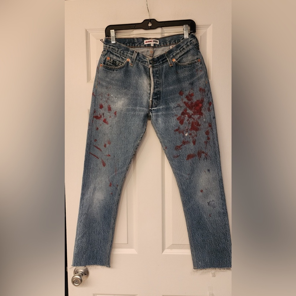 REDONE Blue Relaxed Crop Red Paint Splatter Women’s Cotton Denim Jeans Size 24 - Picture 3 of 15